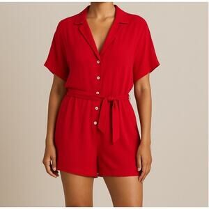 For Days Cherry Red SS Utility Romper‎ Linen Small